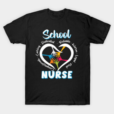 Black "School Nurse" T-shirt with colorful hand graphic, heart design, and caring words. Ideal for medical professionals.