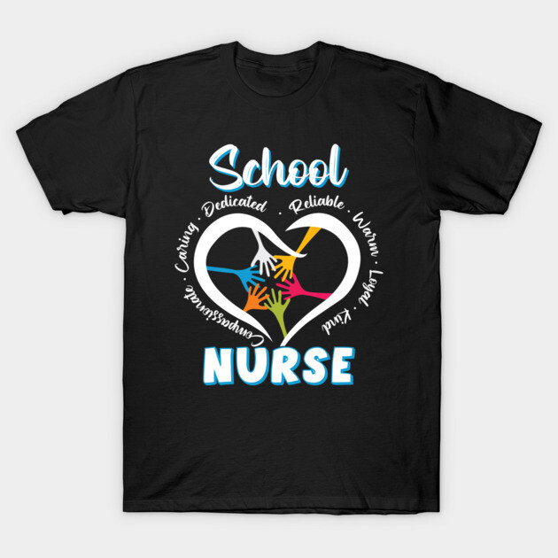 Black "School Nurse" T-shirt with colorful hand graphic, heart design, and caring words. Ideal for medical professionals.