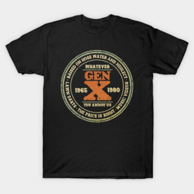 Black Gen X t-shirt with vintage-style print, orange and beige text, casual wear, cotton material, unisex design.