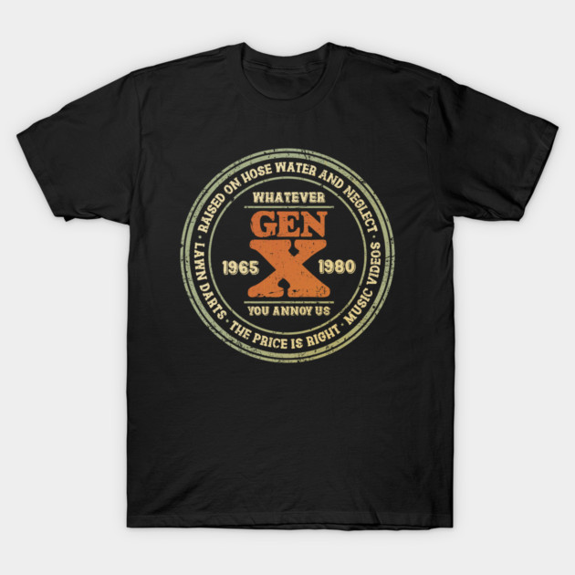Black Gen X t-shirt with vintage-style print, orange and beige text, casual wear, cotton material, unisex design.