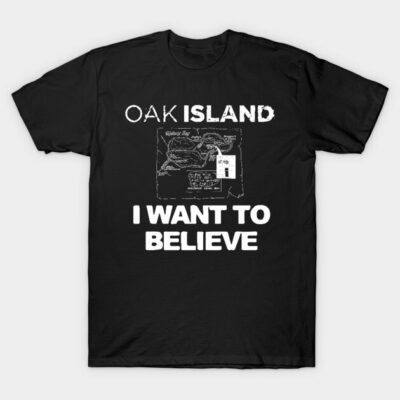 Black Oak Island T-shirt, short-sleeve, "I Want to Believe" text, casual wear, 100% cotton.