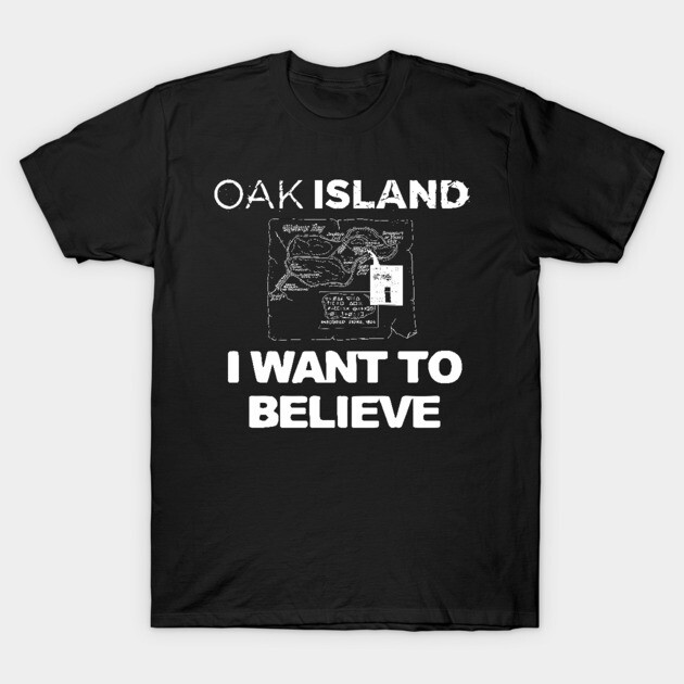 Black Oak Island T-shirt, short-sleeve, "I Want to Believe" text, casual wear, 100% cotton.