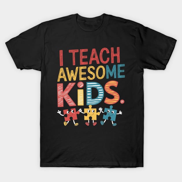Black t-shirt with colorful "I Teach Awesome Kids" text and puzzle piece design, ideal for teachers. Cotton material.
