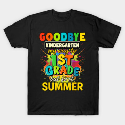Black T-shirt with colorful "Goodbye Kindergarten" design, ideal for school graduation and summer celebrations.