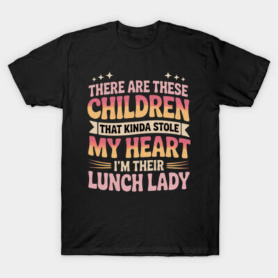 Black "Lunch Lady" t-shirt with colorful text design, casual style, cotton material, perfect for school staff.