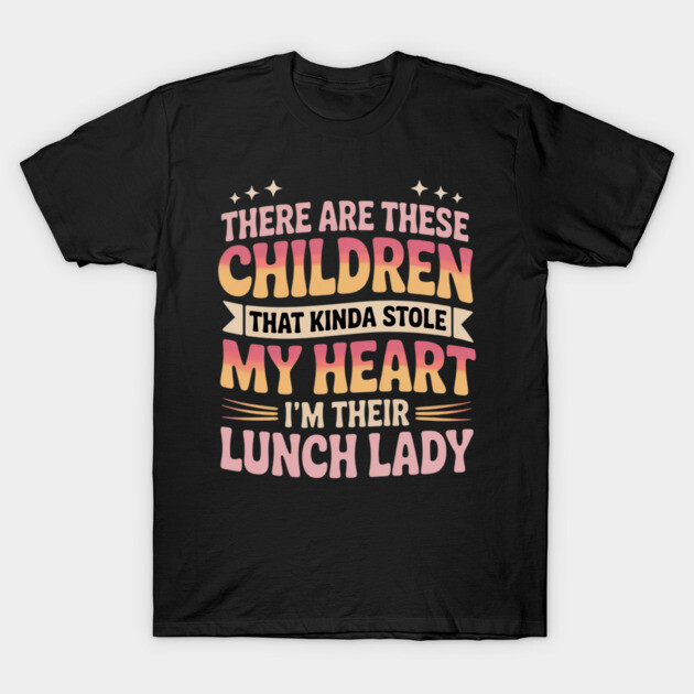 Black "Lunch Lady" t-shirt with colorful text design, casual style, cotton material, perfect for school staff.