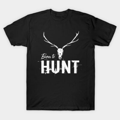 Black "Born to Hunt" T-shirt with antler design, casual style, cotton material, ideal for hunting enthusiasts.