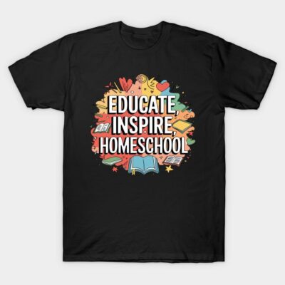 Black t-shirt with colorful "Educate Inspire Homeschool" design, ideal for homeschool enthusiasts. 100% cotton.