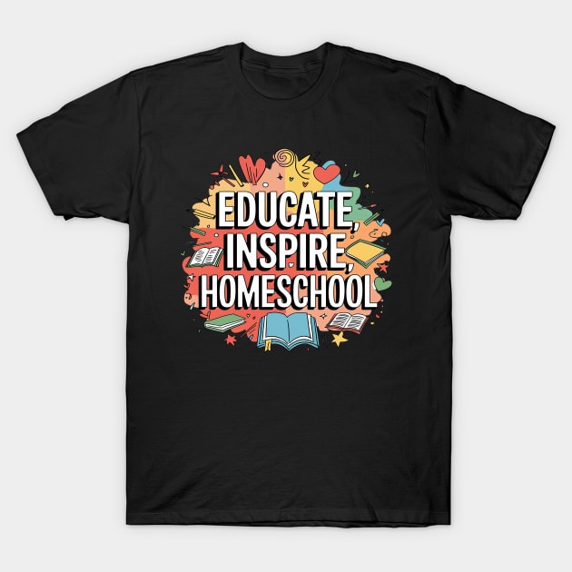 Black t-shirt with colorful "Educate Inspire Homeschool" design, ideal for homeschool enthusiasts. 100% cotton.
