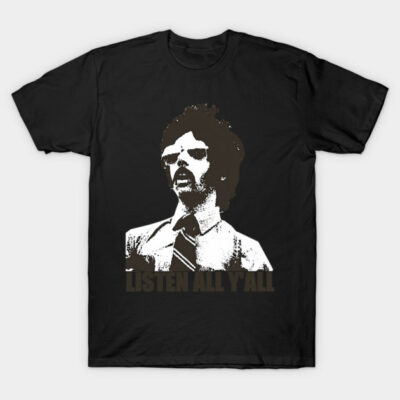 Black graphic t-shirt with retro style print, featuring "Listen All Y'all" text, casual wear, cotton fabric.