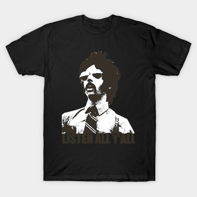 Black graphic t-shirt with retro style print, featuring "Listen All Y'all" text, casual wear, cotton fabric.