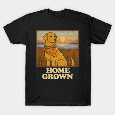 Black t-shirt featuring a retro-style graphic of a dog with a bandana, text "Home Grown," ideal for casual wear.