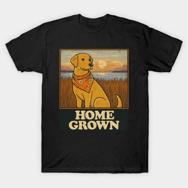 Black t-shirt featuring a retro-style graphic of a dog with a bandana, text "Home Grown," ideal for casual wear.