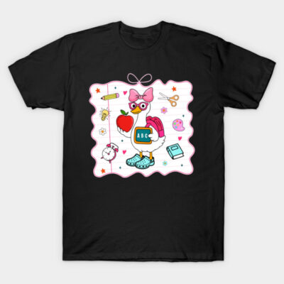 Black t-shirt with cartoon duck design, featuring pink bow, glasses, and school items, ideal for casual wear.