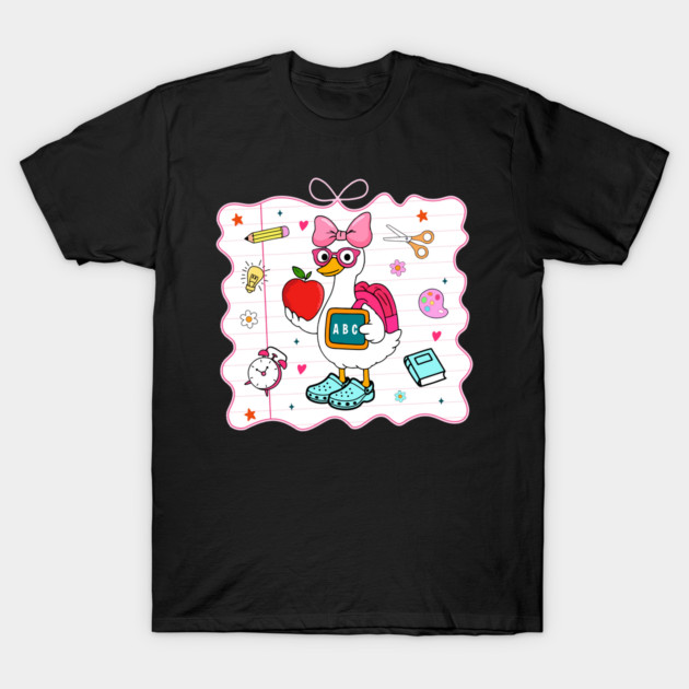 Black t-shirt with cartoon duck design, featuring pink bow, glasses, and school items, ideal for casual wear.