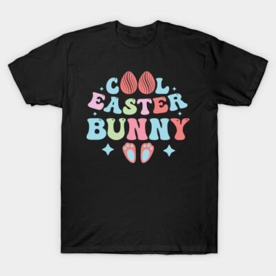 Black "Cool Easter Bunny" graphic t-shirt with colorful text and egg design, perfect for festive casual wear.