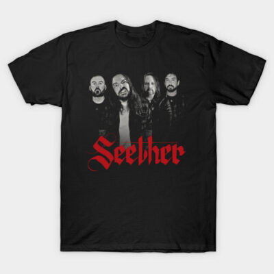 Black graphic t-shirt with bold red text design, casual style, ideal for music fans, made from 100% cotton.