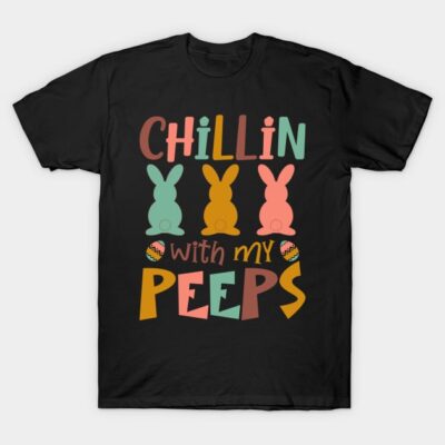 Black T-shirt with colorful Easter bunny design and "Chillin with my Peeps" text, casual wear, unisex style.
