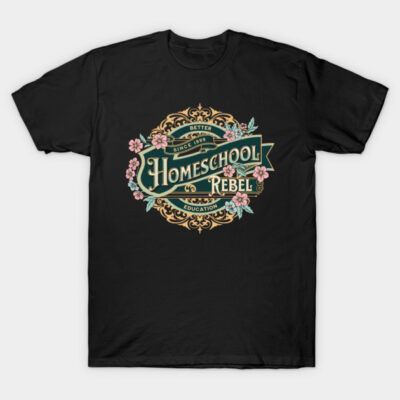 Black "Homeschool Rebel" T-shirt with floral vintage design, ideal for casual wear, cotton blend material.