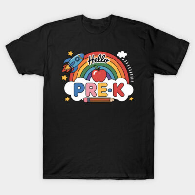 Black "Hello Pre-K" T-shirt with colorful rainbow, apple, and pencil design, perfect for preschoolers.
