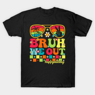 Black T-shirt with colorful retro design, "Bruh We Out," featuring sunglasses and floral patterns. Casual, fun style.