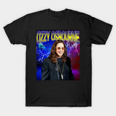 Black graphic t-shirt with colorful lightning design, featuring bold text. Casual wear, soft cotton material.