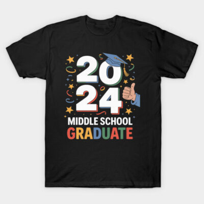 "Black 2024 Middle School Graduate T-shirt with colorful text and graphics, perfect for celebrating graduation day."