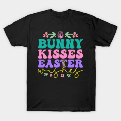 Black Easter-themed t-shirt with colorful "Bunny Kisses Easter Wishes" text, perfect for festive celebrations.
