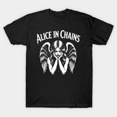 Black T-shirt with white angel design and bold text, casual wear, cotton material, unisex style, graphic print.