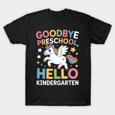 Black t-shirt with colorful "Goodbye Preschool, Hello Kindergarten" unicorn design, perfect for school transition.