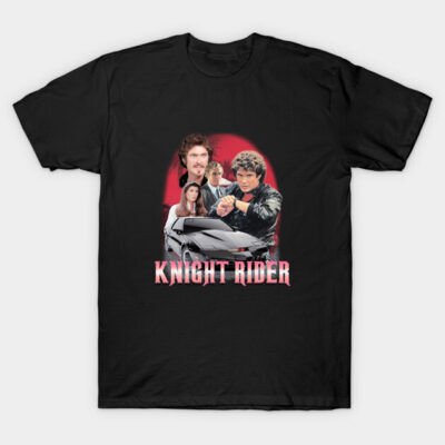 Black Knight Rider graphic t-shirt featuring iconic car and characters, perfect for retro TV show fans. Cotton material.