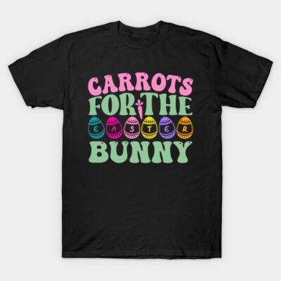 Black Easter-themed T-shirt with "Carrots for the Bunny" text and colorful egg design. Casual wear, cotton fabric.