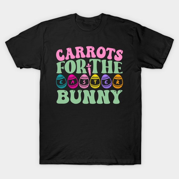 Black Easter-themed T-shirt with "Carrots for the Bunny" text and colorful egg design. Casual wear, cotton fabric.