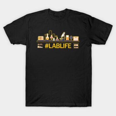 Black t-shirt with "#LabLife" graphic, featuring lab equipment icons, ideal for science enthusiasts.