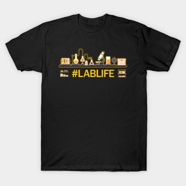 Black t-shirt with "#LabLife" graphic, featuring lab equipment icons, ideal for science enthusiasts.