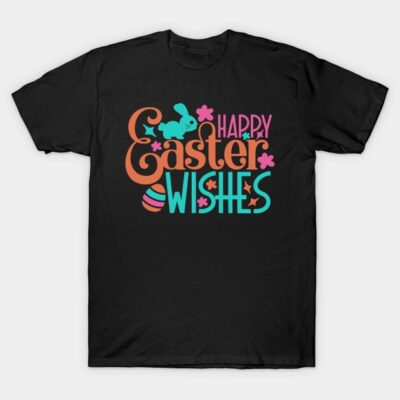 Black T-shirt with colorful "Happy Easter Wishes" text, bunny and egg design, perfect for festive spring celebrations.