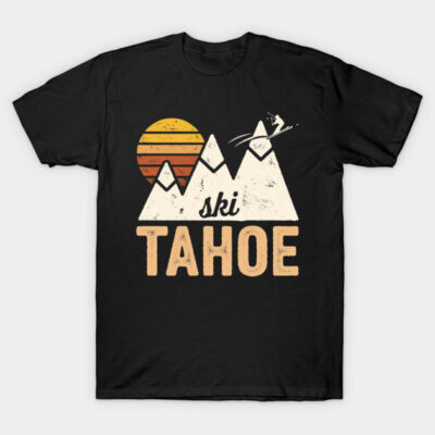 Black "Ski Tahoe" graphic t-shirt with retro design, featuring mountains and sunset. Ideal for skiing enthusiasts.
