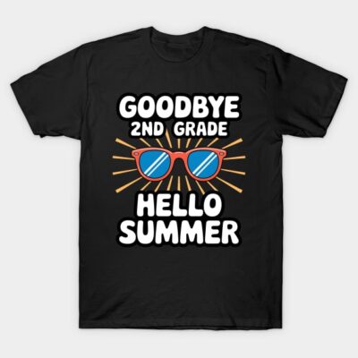 Black t-shirt with "Goodbye 2nd Grade Hello Summer" print, featuring colorful sunglasses. Perfect for summer celebrations.