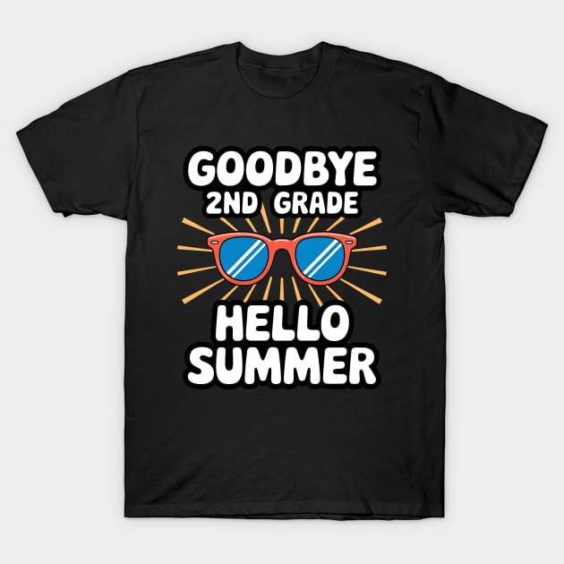 Black t-shirt with "Goodbye 2nd Grade Hello Summer" print, featuring colorful sunglasses. Perfect for summer celebrations.