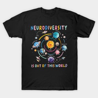 Black t-shirt with colorful "Neurodiversity" space-themed design, promoting inclusion and understanding.