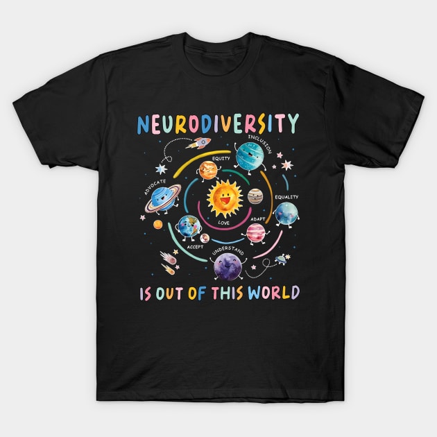 Black t-shirt with colorful "Neurodiversity" space-themed design, promoting inclusion and understanding.