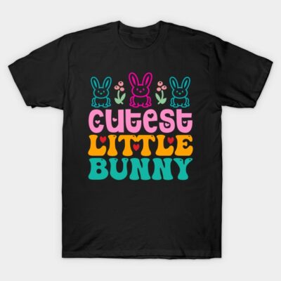 Black T-shirt with colorful "Cutest Little Bunny" graphic design, ideal for casual wear and bunny lovers.