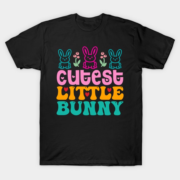 Black T-shirt with colorful "Cutest Little Bunny" graphic design, ideal for casual wear and bunny lovers.