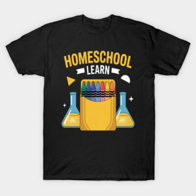 Black homeschool-themed T-shirt featuring colorful crayons and beakers, ideal for casual wear or educational events.