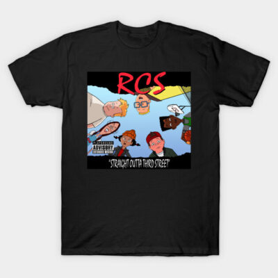 Black graphic t-shirt featuring cartoon design with text "RCS" and "Straight Outta Third Street" for casual wear.