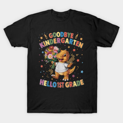 Black T-shirt with colorful dinosaur design, "Goodbye Kindergarten Hello 1st Grade" text, perfect for school transitions.