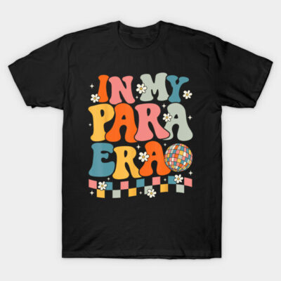 Black graphic t-shirt with colorful retro text "In My Para Era" and floral accents, perfect for casual wear.