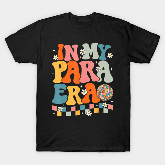 Black graphic t-shirt with colorful retro text "In My Para Era" and floral accents, perfect for casual wear.