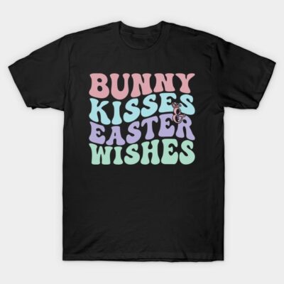 Black t-shirt with pastel "Bunny Kisses & Easter Wishes" text, casual festive apparel, perfect for Easter celebrations.