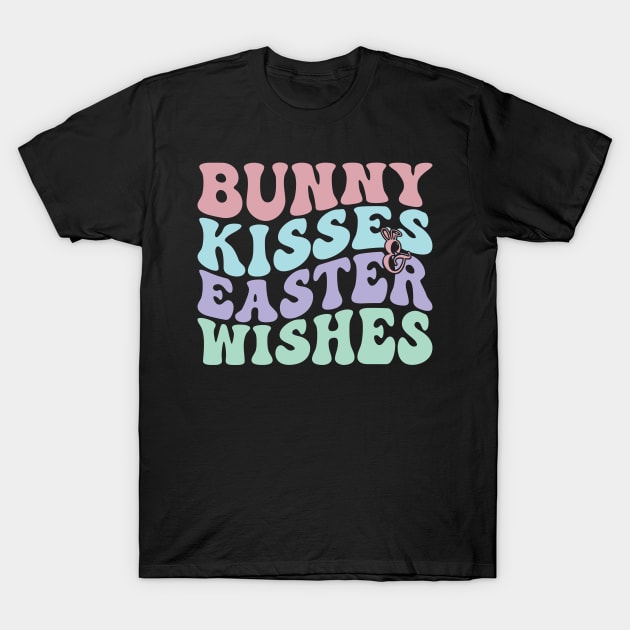 Black t-shirt with pastel "Bunny Kisses & Easter Wishes" text, casual festive apparel, perfect for Easter celebrations.